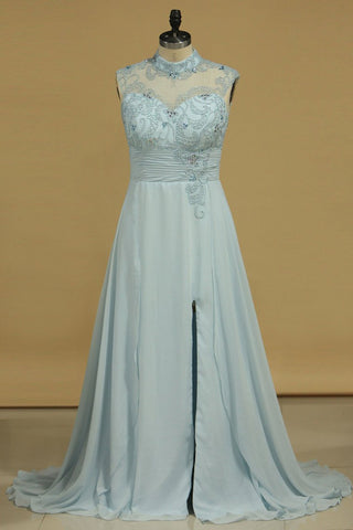 Prom Dresses High Neck Chiffon With Slit And Beads Open Back