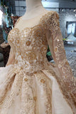 New Prom Dresses Long Sleeves Ball Gown Scoop With Applique&Beads Lace Up Back