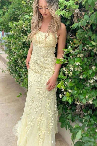 Charming Mermaid Yellow Spaghetti Straps Lace Appliques Prom Dresses with Criss Cross SJS15113