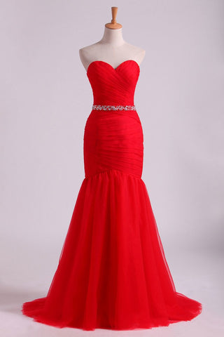 Red Mermaid Sweetheart Floor Length Prom Dresses With Ruffles And Beading Tulle