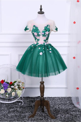 A Line Short Sleeves Tulle Floral Appliques Short Homecoming Dresses