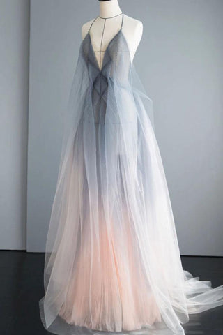 Simple Deep V Neck Ombre Tulle Halter Sleeveless Prom Dresses Backless Formal Dresses SJS15391