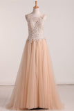 Bateau With Applique And Beads Tulle Floor Length Evening Dresses