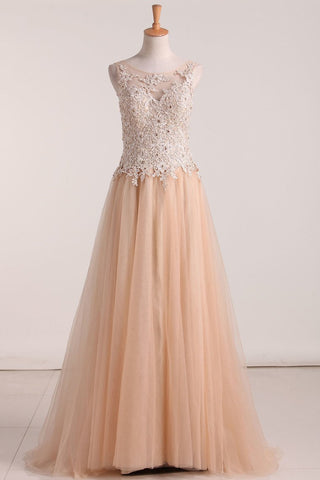 Bateau With Applique And Beads Tulle Floor Length Evening Dresses