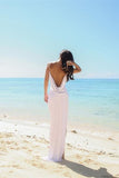 Simple Sexy Open Back Beach Side Slit Spaghetti Straps Summer White Wedding Dresses JS22