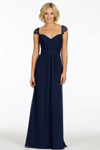 Sexy A-Line Sweetheart Cap Sleeve Lace Open Back Navy Blue Long Bridesmaid Dresses JS80