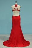 New Arrival Scoop Mermaid Prom Dresses Spandex With Beads And Slit