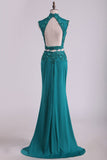 Two Pieces High Neck Sheath Prom Dresses With Applique And Beads