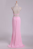 Two Pieces Column Scoop Prom Dresses With Beads And Pearls Spandex & Tulle