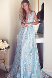 V-Neck Sleeveless Blue Tulle Appliques Long A-line Sleeveless Prom Dresses