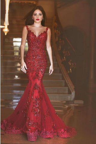 Gorgeous Red Mermaid V-neck Backless Prom Dresses with Beading Appliques For Spring Teens JS130