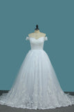 Tulle A Line Off The Shoulder Wedding Dresses With Applique Sweep Train