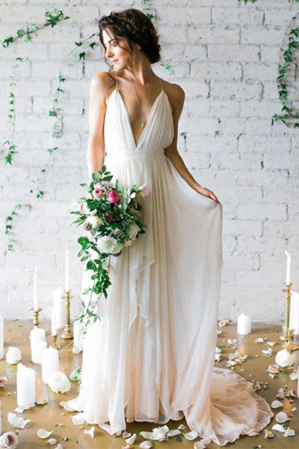 White V neck Cheap Chiffon Long Prom Dress Wedding Dress JS385