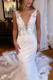 Elegant Mermaid Deep V Neck Lace Wedding Dresses with Beading