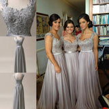 Lace Grey Long Chiffon Sexy Sweetheart Cap Sleeve A-Line Lace up Appliques Bridesmaid Dresses JS46