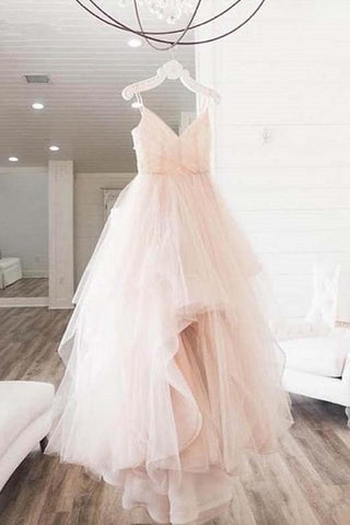 Elegant A Line Spaghetti Straps V Neck Tulle Pink Backless Long Prom Dresses JS35