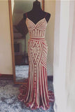 Luxurious Mermaid Spaghetti Straps V-Neck Sparkly Open Back Prom Dress Party Dress JS467