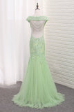 Tulle Scoop Mermaid Open Back Prom Dresses With Applique Sweep Train
