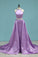 Two-Piece Scoop Prom Dresses A Line Satin With Beading Court Train
