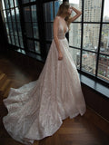 Chic Sparkly Deep V Neck Straps Wedding Dress Sequin Long Prom Dresses JS781