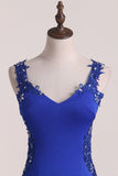 New Arrival Spaghetti Straps Column Prom Dresses With Beading And Applique Spandex