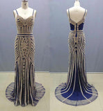 Luxurious Mermaid Spaghetti Straps V-Neck Sparkly Open Back Prom Dress Party Dress JS467