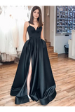 Black Spaghetti Straps Split Long Satin Prom Dress A Line Simple Long Formal SJSP5G4JRHJ