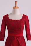 Burgundy Mother Of The Bride Dresses Square 3/4 Length Sleeve With Applique Satin