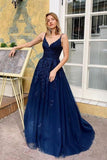 Elegant Blue V Neck Lace Long Prom Dresses Spaghetti Straps Evening SJS20485