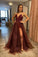 Spaghetti Straps A Line Burgundy Tulle Long Prom Dresses With Slit