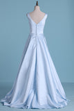 Prom Dresses A Line Scoop Satin Covered Button Sweep Train