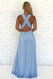 A-Line V Neck Criss Cross Light Blue Chiffon Long Prom Dresses with Split, Formal Dresses SJS15053