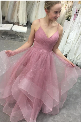 Glitter Spaghetti Straps Ruffled Prom Dresses Backless Formal SJSPF95JE3C