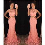 Two Piece Lace Mermaid Peach Long Sexy Sleeveless Prom Dresses JS962