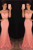 Two Piece Lace Mermaid Peach Long Sexy Sleeveless Prom Dresses JS962