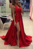 Red Off-the-Shoulder Long V-Neck Slit Sleeveless Simple Elegant Prom Dresses JS832