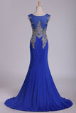 Dark Royal Blue Prom Dresses Scoop Mermaid Spandex With Applique Sweep/Brush Train