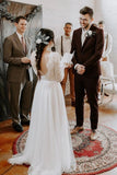 Elegant A Line Long Sleeves Round Neck Backless Boho Wedding Dress, Bridal SJS20409