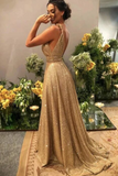 Gold V Neck Sequins Formal Dresses A Line Sleeveless Sparkly Sweep Train Prom SJSPST6TC5H