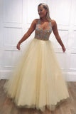 Light Yellow Tulle Beading V Neck Long Prom Dresses with Open Back, Evening Dresses SJS15239