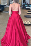 Simple A Line Spaghetti Straps V Neck Prom Dresses with Pockets, Backless Long Dance Dress SJS15384