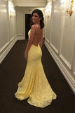 Slash Neck Two Piece Lace Mermaid Yellow Prom Dress