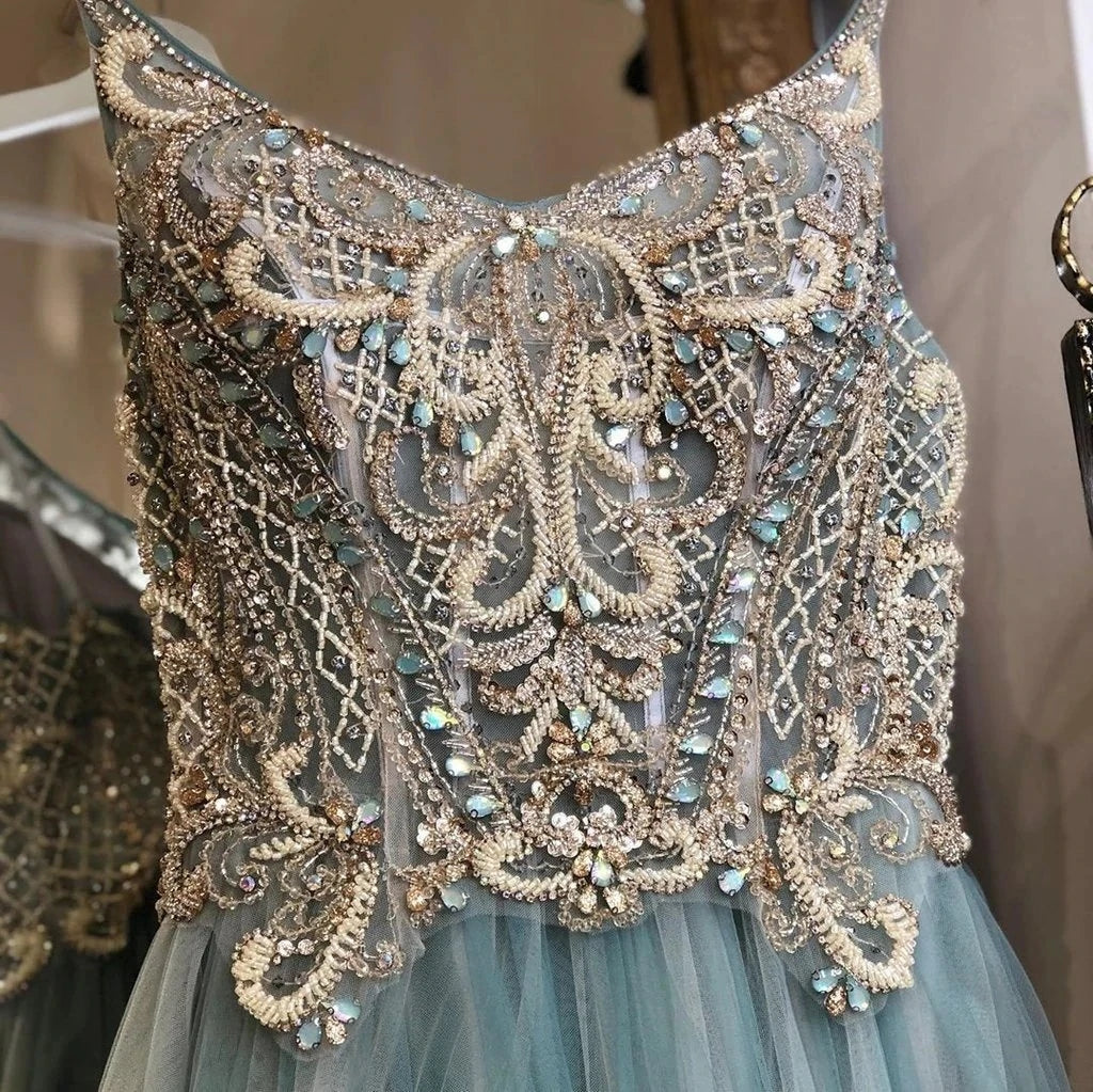 Dusty Sage Spagahetti Straps A-Line Beades Sweetheart Formal Evening Dresses Long Prom Dresses