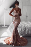 Sexy Rose Gold Sequins Mermaid Long Prom Dresses Spaghetti Straps Backless Party Dresses SJS15349