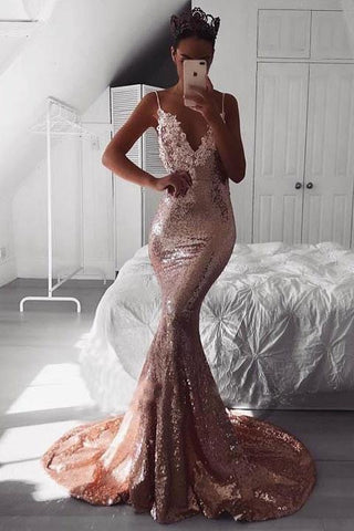 Sexy Rose Gold Sequins Mermaid Long Prom Dresses Spaghetti Straps Backless Party Dresses SJS15349