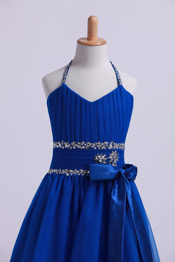 Dark Royal Blue Halter A Line High Low Flower Girl Dresses Beaded Tulle