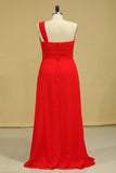 Plus Size One Shoulder Bridesmaid Dresses Ruffled Bodice A-Line Chiffon Red