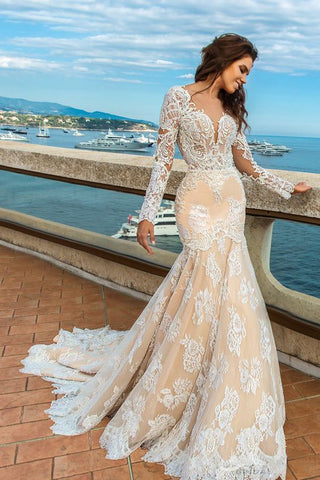 Scoop Long Sleeves With Applique Mermaid Wedding Dresses