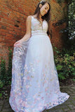 A Line Spaghetti Straps Deep V Neck Floral Print Prom Dresses, Tulle Evening Dresses SJS15026