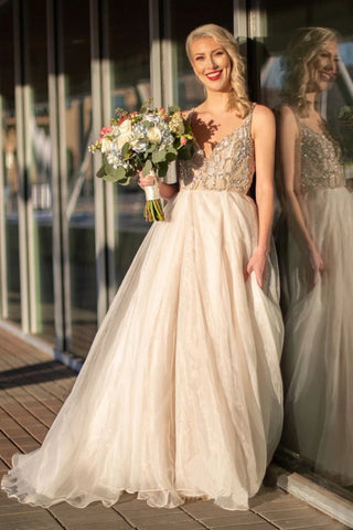 Elegant A Line Beads V Neck Spaghetti Straps Tulle Prom Dresses, Evening SJS20405